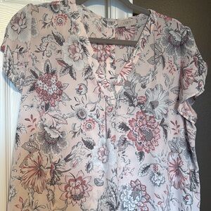 LOFT Floral Blouse in Pink and Gray